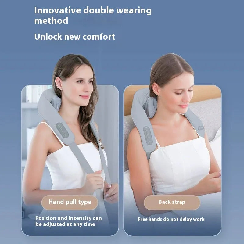Grey elastic fabric USB rechargeable neck and back massager with infrared function.