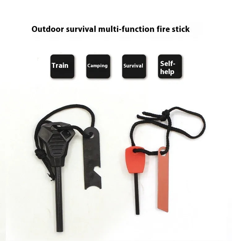 Black outdoor multifunctional survival flint with magnesium rod and stainless steel tools including whistle and bottle opener.