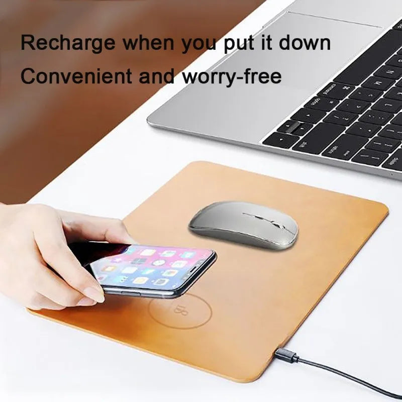 Brown leather PU mouse pad wireless charger with Micro USB and 0–8mm charging distance