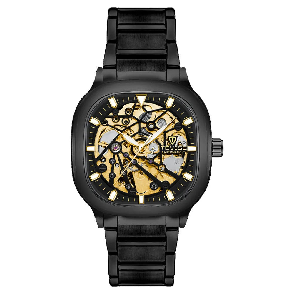 Automatic men's watch with luminous square dial on a stainless steel strap, shown in blue colour.