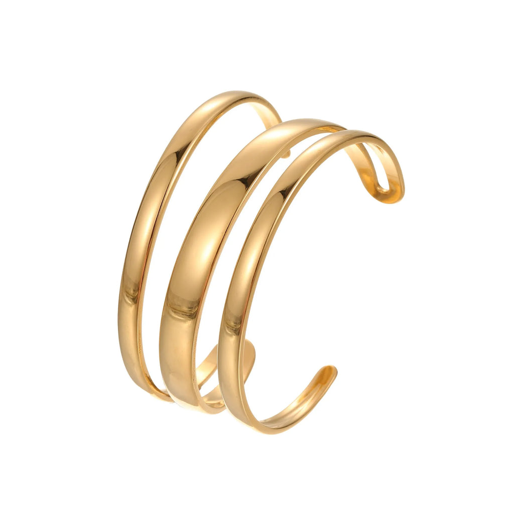 Women's stainless steel bracelet with geometric design and simple opening mechanism in gold electroplated finish