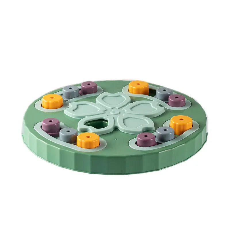 Interactive dog slow feeder puzzle toy in blue, green, and pink colour options.