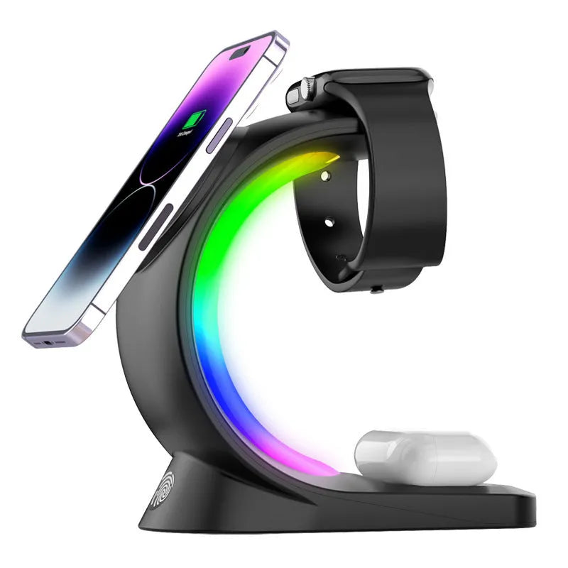 4 in 1 magnetic wireless charger fast charging station with RGB atmosphere light for iPhone AirPods Watch in black and white