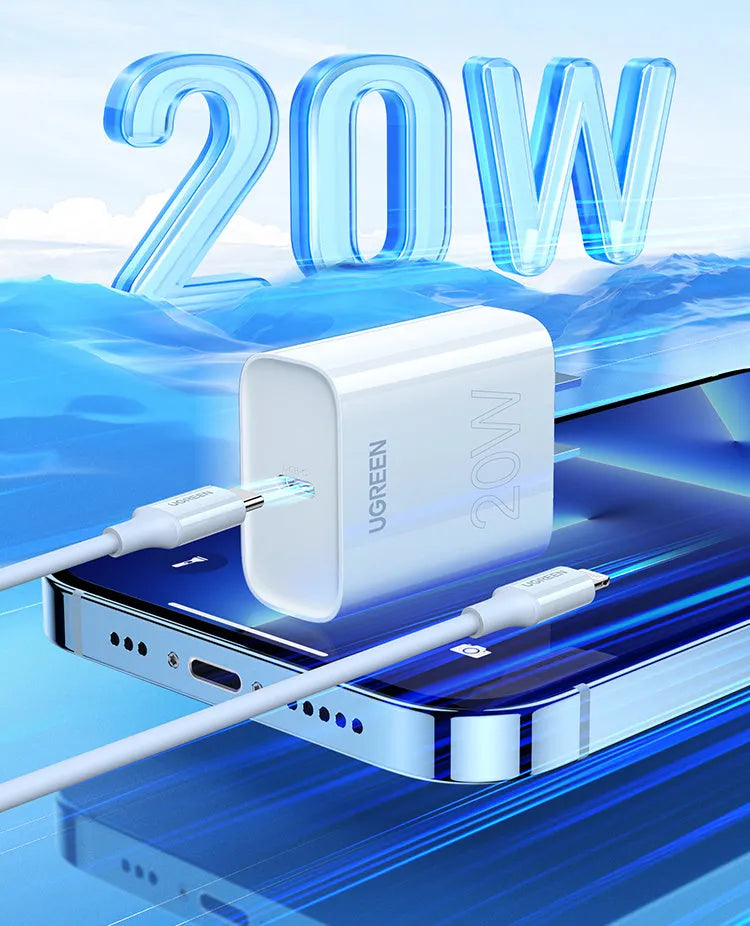 White 20W USB-C PD charger, MFi certified, compact 70x35x90mm, for iPhone 8-14