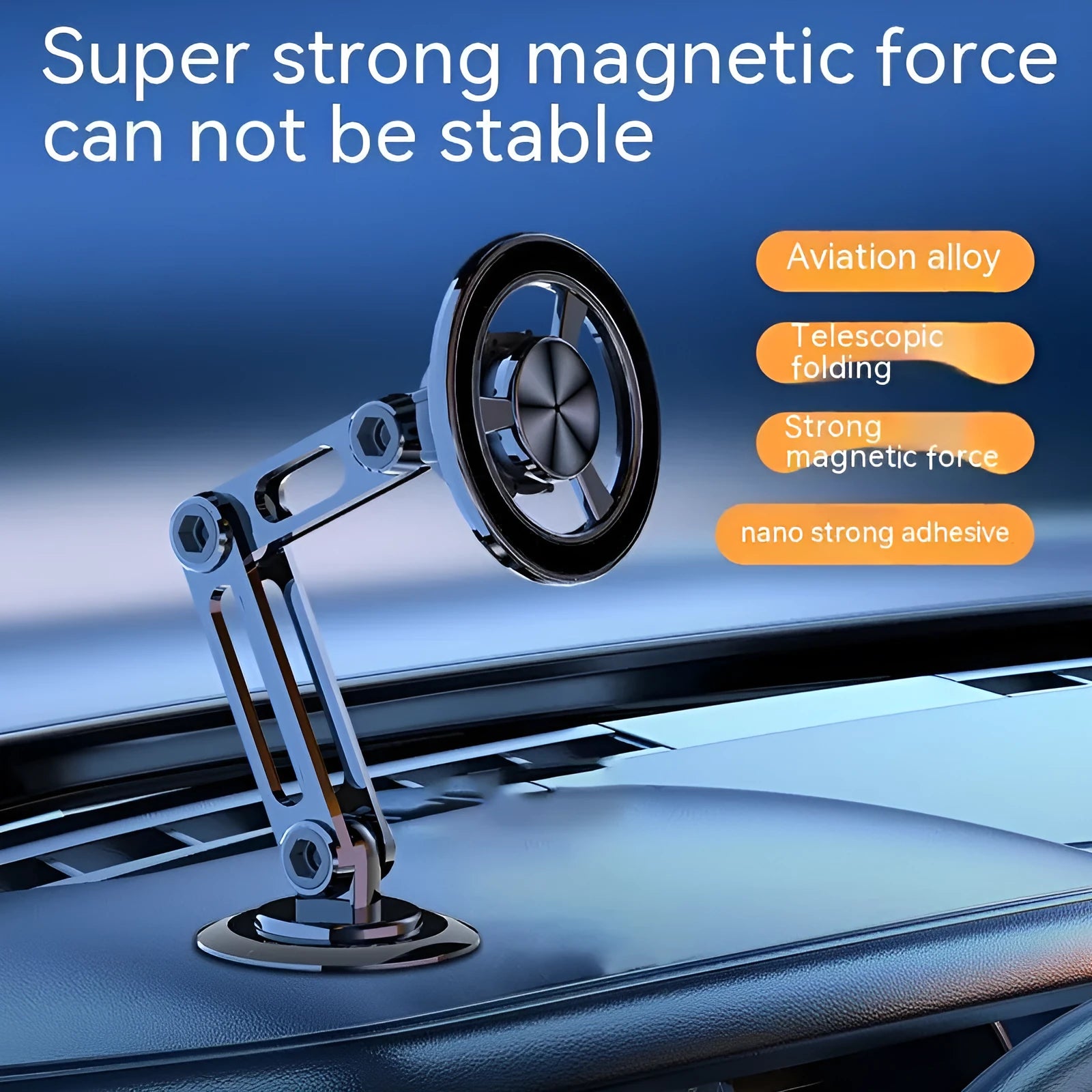 All-metal magnetic car phone holder in four colours with two magnetic rings and spare adhesive pads