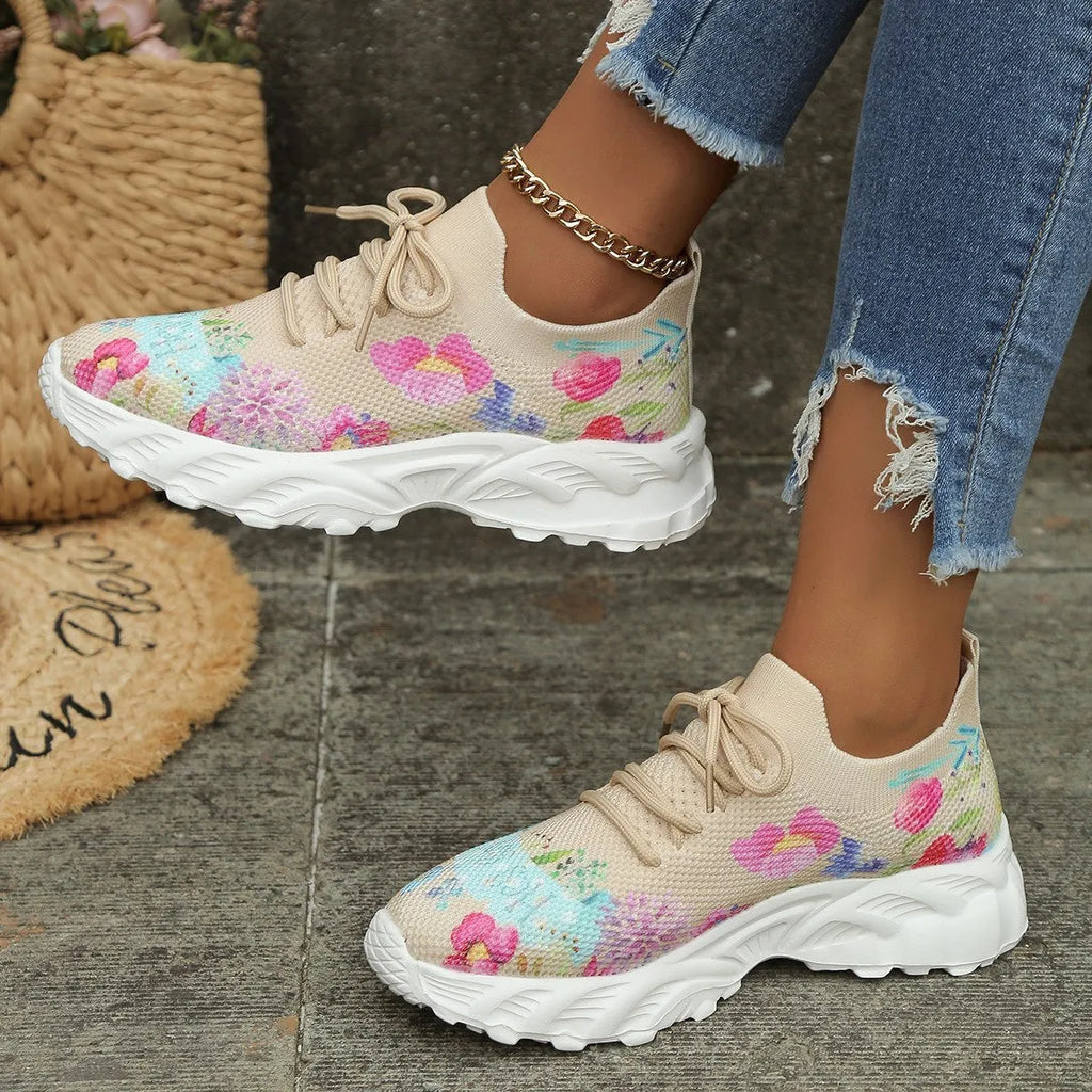 Women's flower print canvas lace-up walking sneakers with rubber sole, available in multiple colours