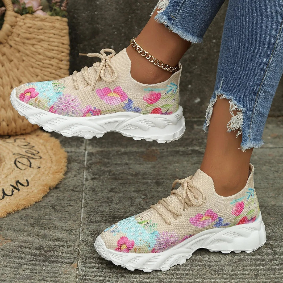 Women's flower print canvas lace-up walking sneakers with rubber sole, available in multiple colours