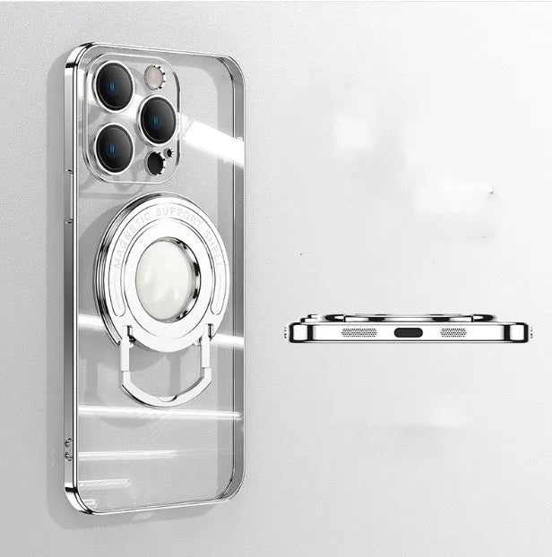 Transparent magnetic suction iPhone case with extended pull rod stand in far peak blue colour