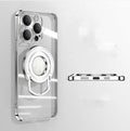Transparent magnetic suction iPhone case with extended pull rod stand in far peak blue colour