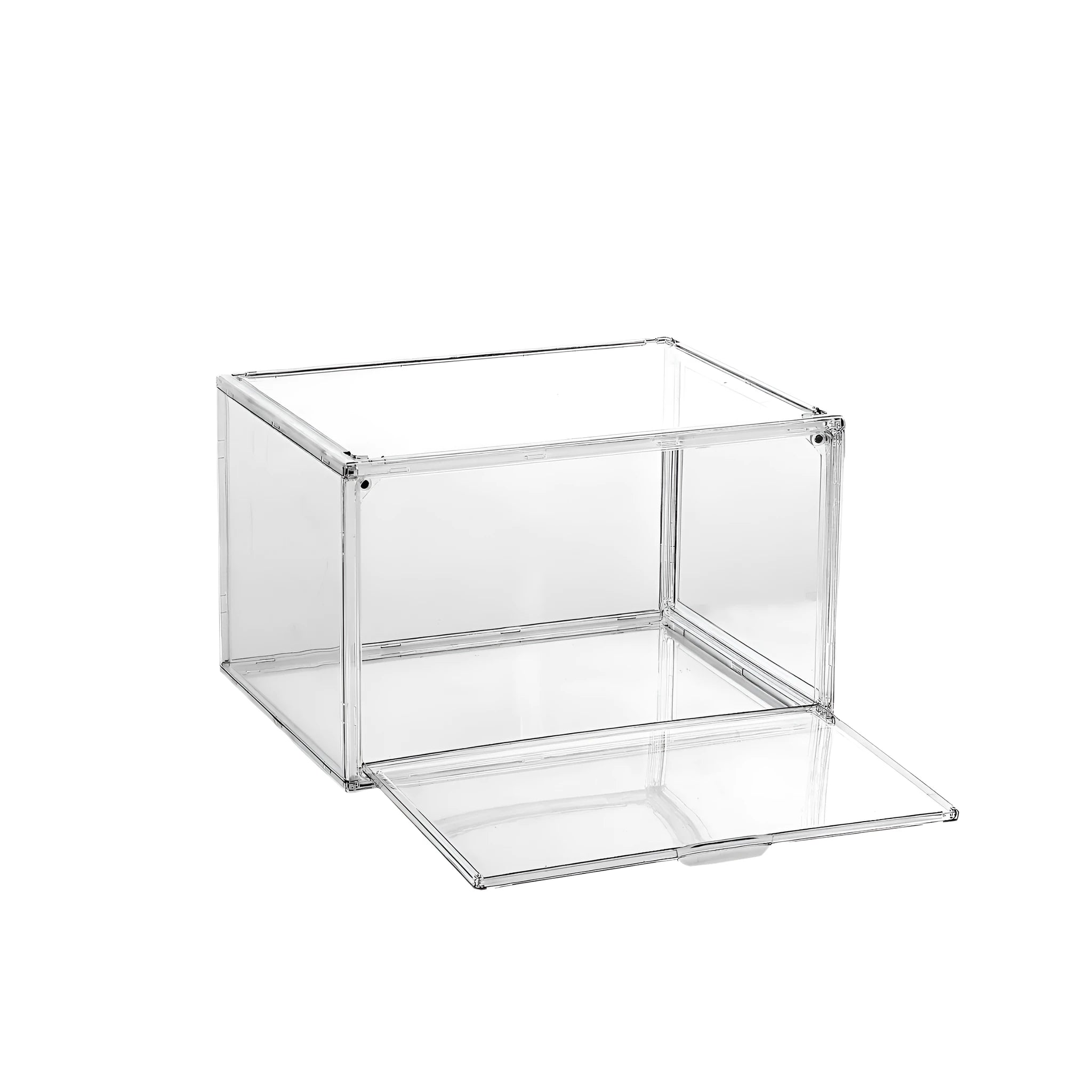 Large transparent acrylic shoe storage box with magnetic side door and lid