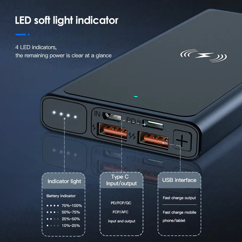Black and blue square aluminium alloy wireless power bank with a capacity of 10000mAh