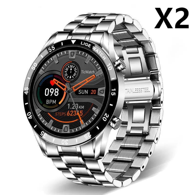 Smart watch with 1.3 inch touch screen, stainless steel wristband, 46mm dial, black or silver, with USB cable
