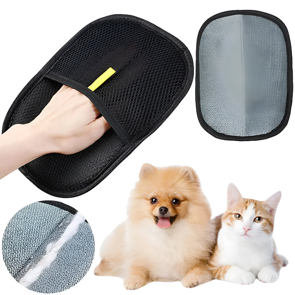 Black pet hair removal glove with silicone brushes on both sides, measuring 24cm by 16cm