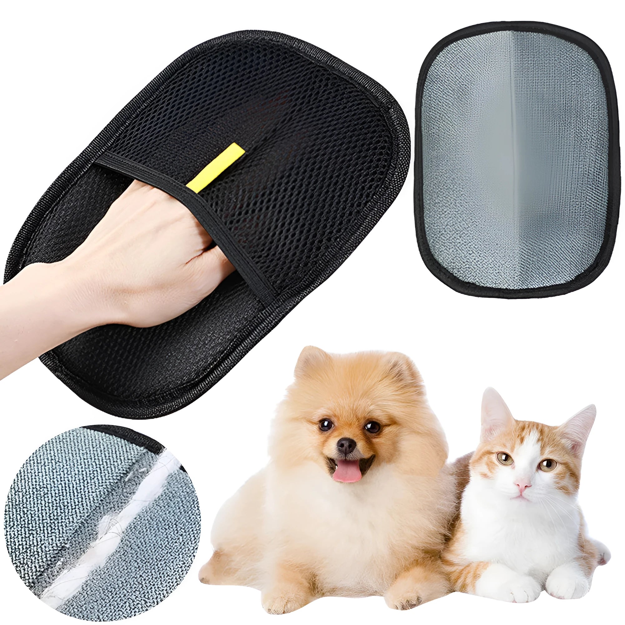 Black pet hair removal glove with silicone brushes on both sides, measuring 24cm by 16cm