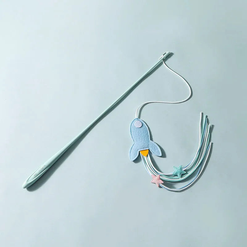 Long pole cat teaser toy with feather attachment and bite-resistant construction in blue colour