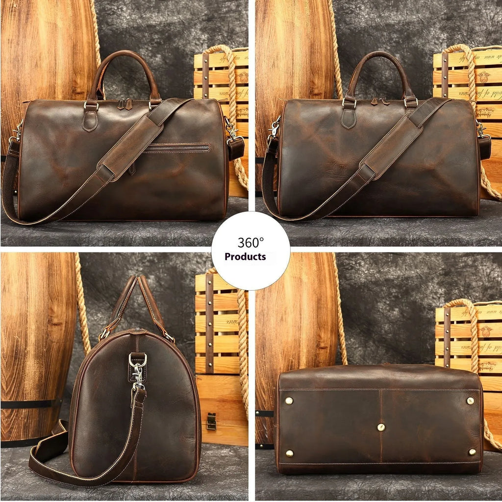 Men's genuine leather crossbody bag showing vintage design with substantial 48.3cm width dimensions