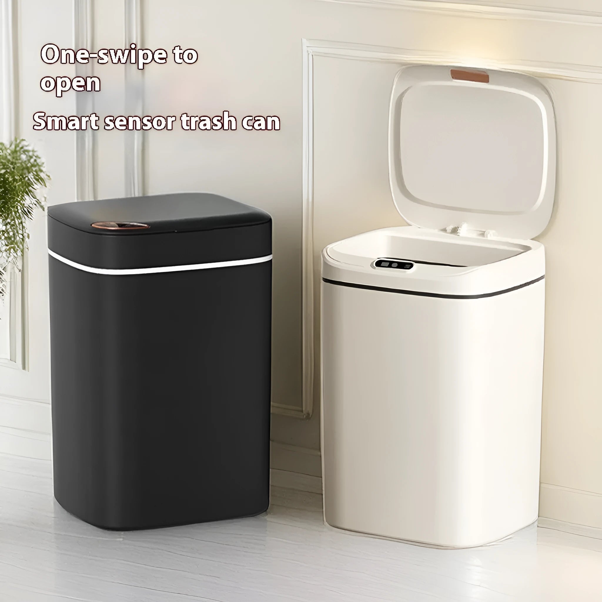 Square automatic induction rubbish bin with touch-free opening lid in milky white colour