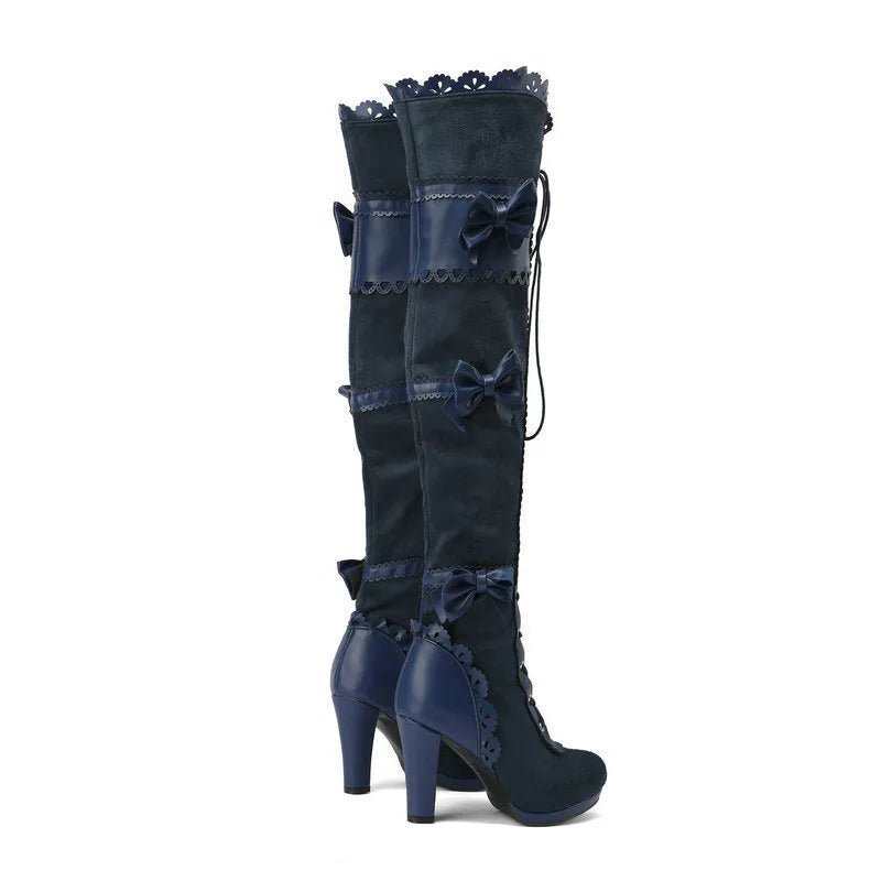 Women's high heel lace strap boots in black with round toe and artificial PU upper