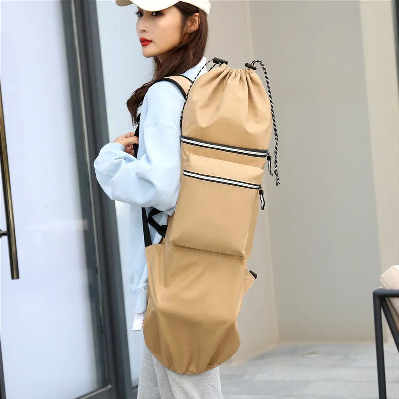 Black waterproof nylon skateboard bag with shoulder strap, showing 90cm length for longboards or fishing rods.