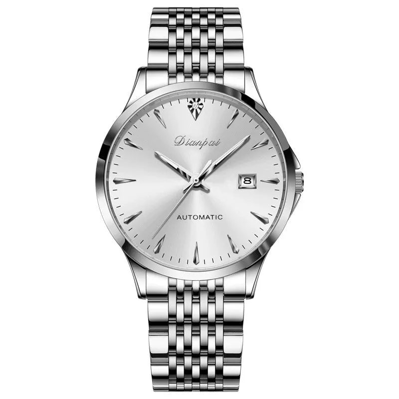 Men's simple dial automatic watch with stainless steel strap and mineral glass crystal.