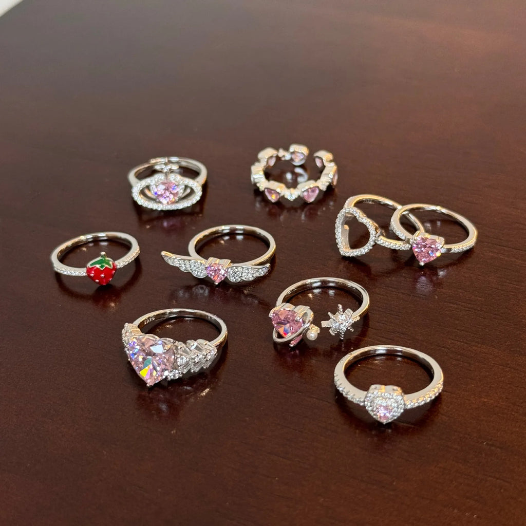 S925 sterling silver adjustable ring for women with epoxy strawberry heart and wing geometric design