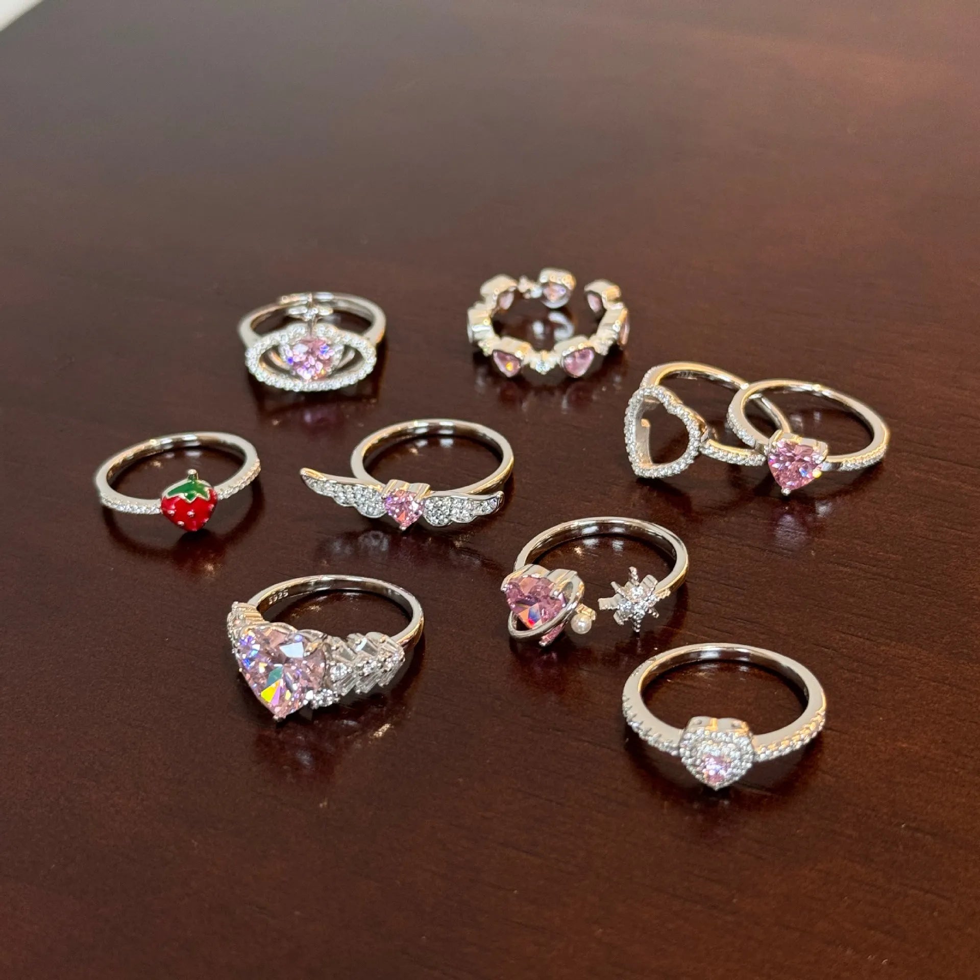 S925 sterling silver adjustable ring for women with epoxy strawberry heart and wing geometric design