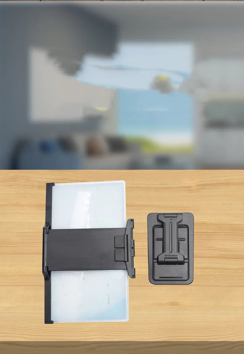 Black folding mobile phone screen amplifier and holder with 12-inch magnifier for iPhones