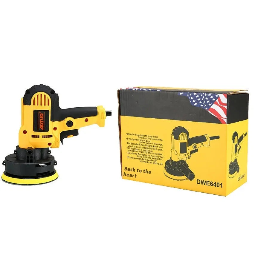 Yellow 700W car polishing machine set with polishing disk wool ball and side handle on white background