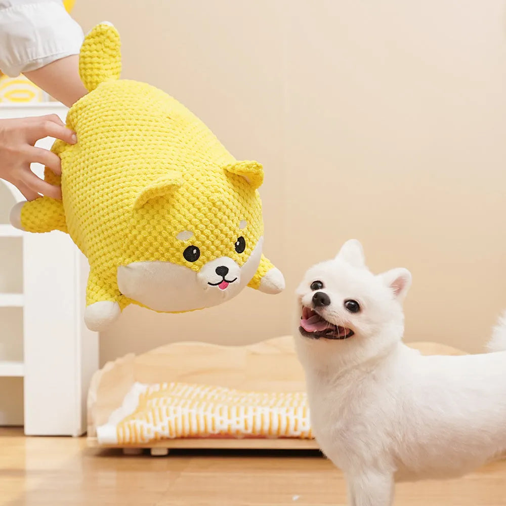 Plush dog toy with bite-resistant fabric and squeaker for puppy teeth cleaning in large and medium sizes