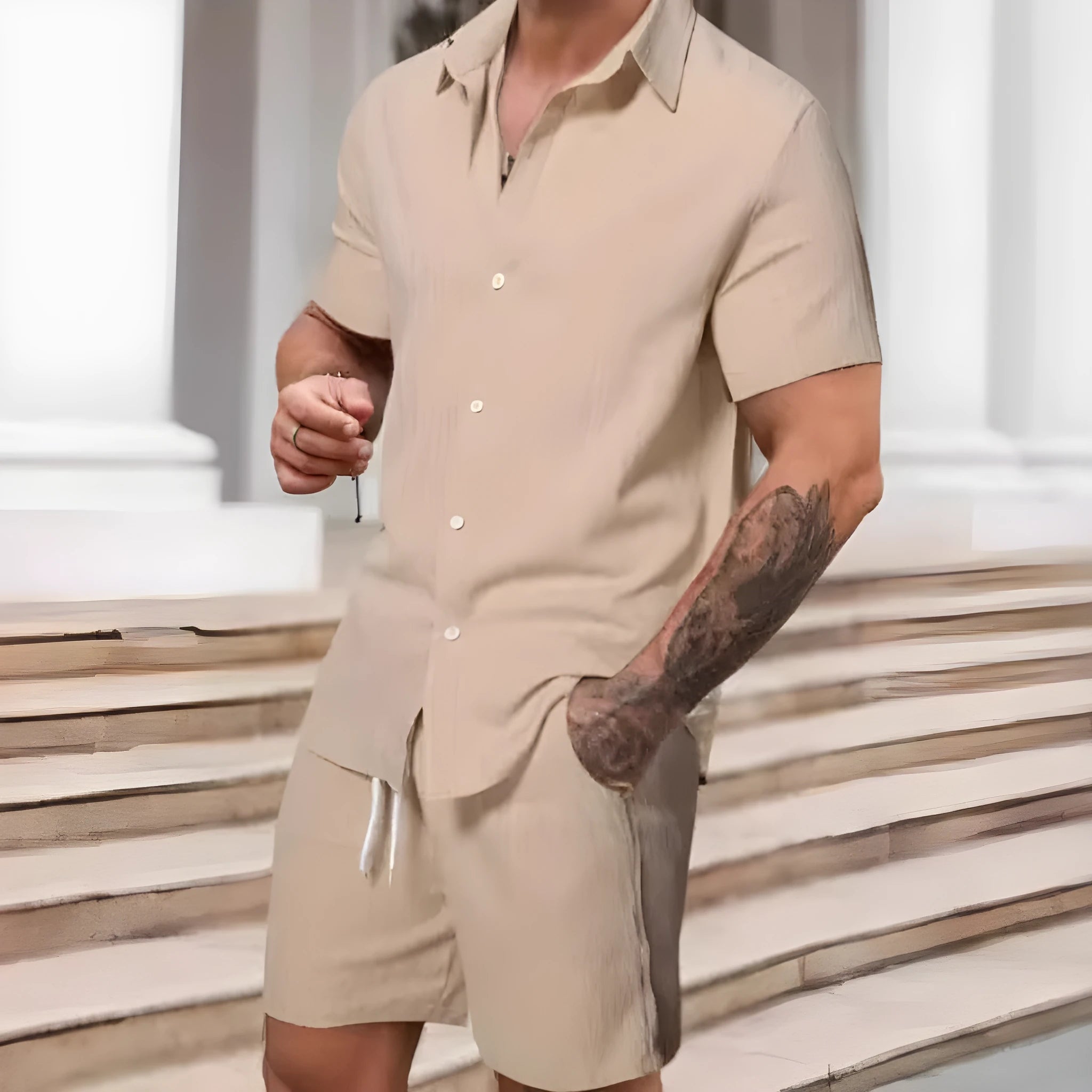 Striped printed men's casual suit set with short sleeve shirt and shorts in colour YT50313P1