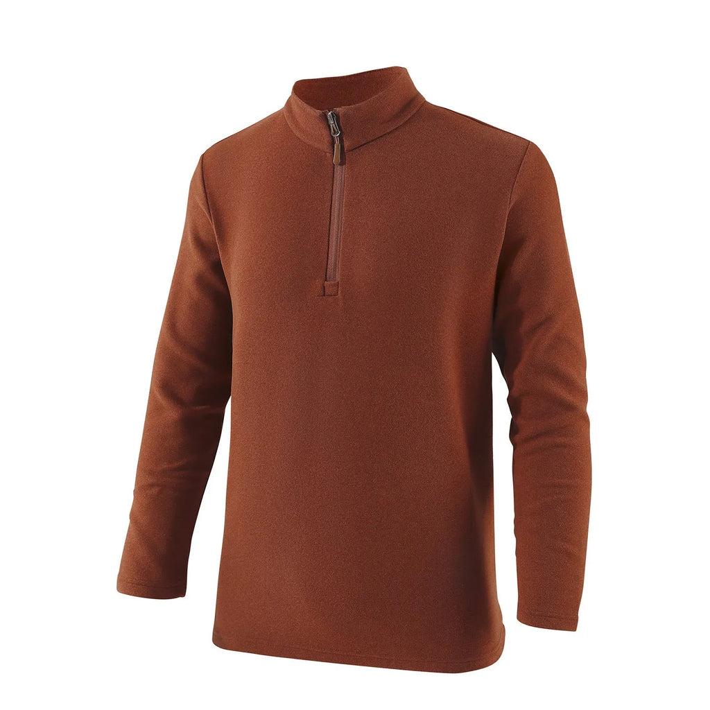 Men's stand collar half zip pullover sweater in solid colour with dimensional patch pocket on front