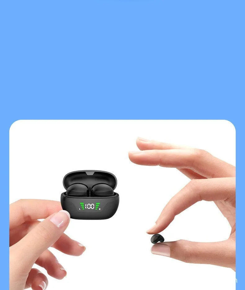 Black wireless Bluetooth Super Mini in-ear headphones with digital display screen