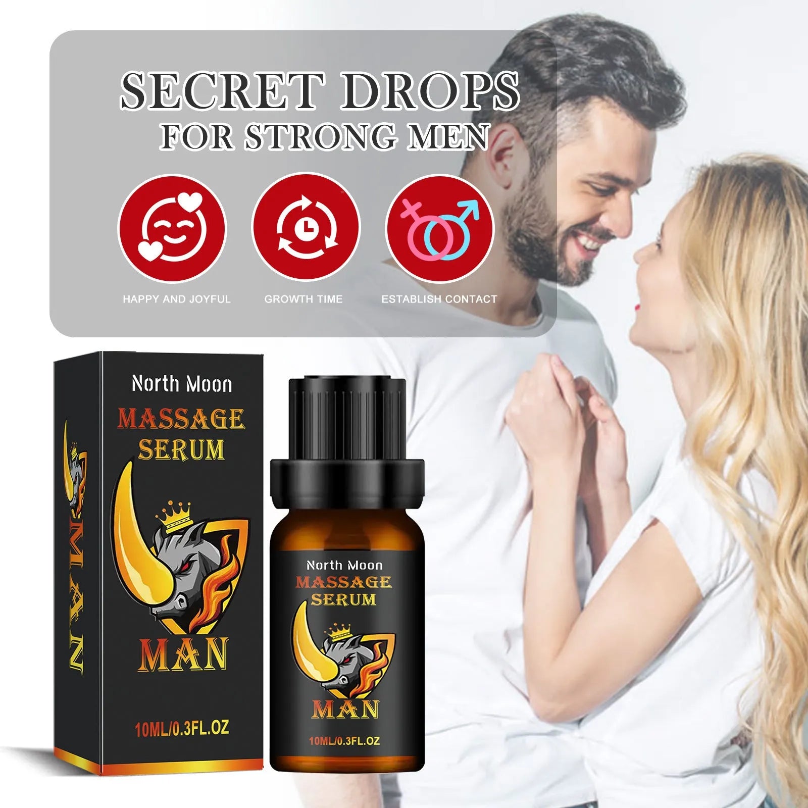 10ml glass bottle of amber men's vitality massage essential oil with a dropper.