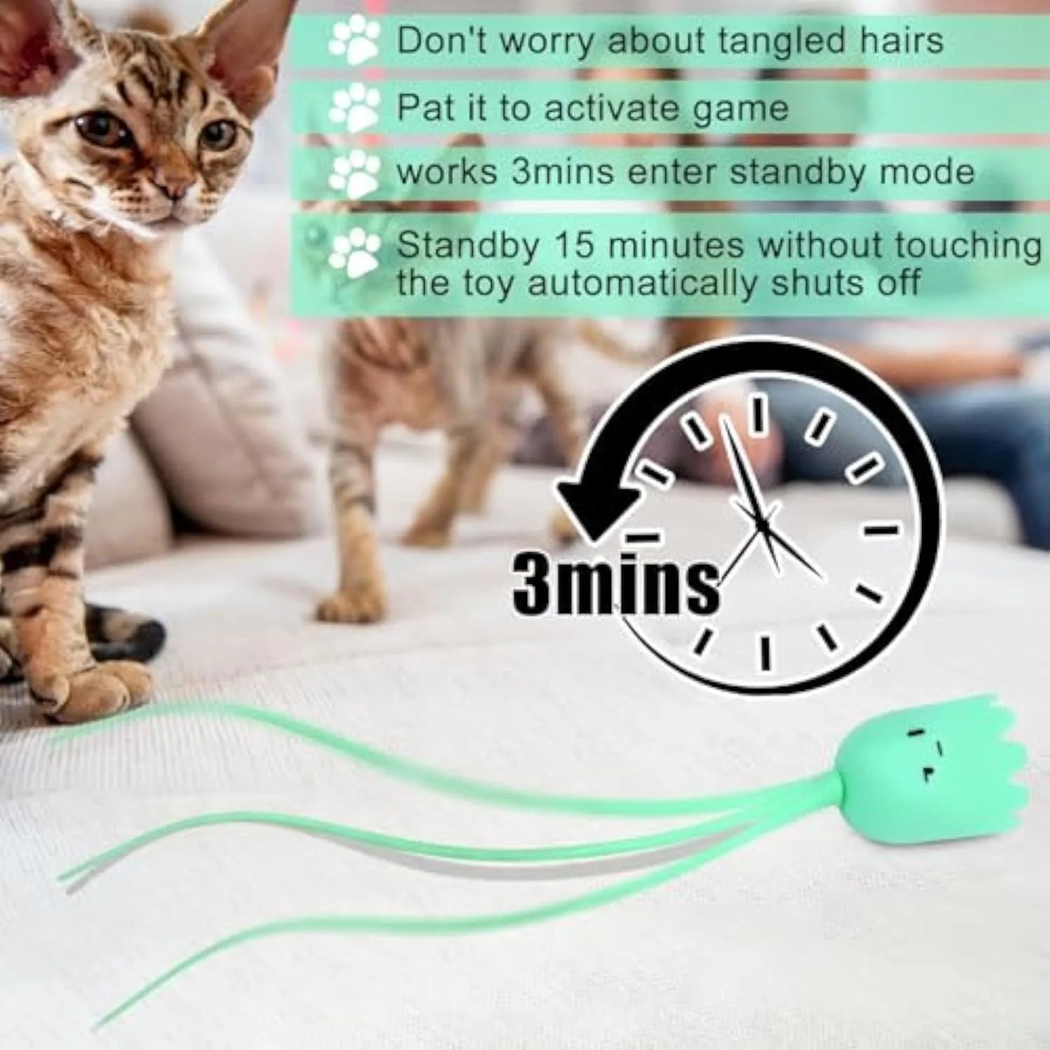 Green automatic cat wand toy with swinging silicone tails for indoor feline play