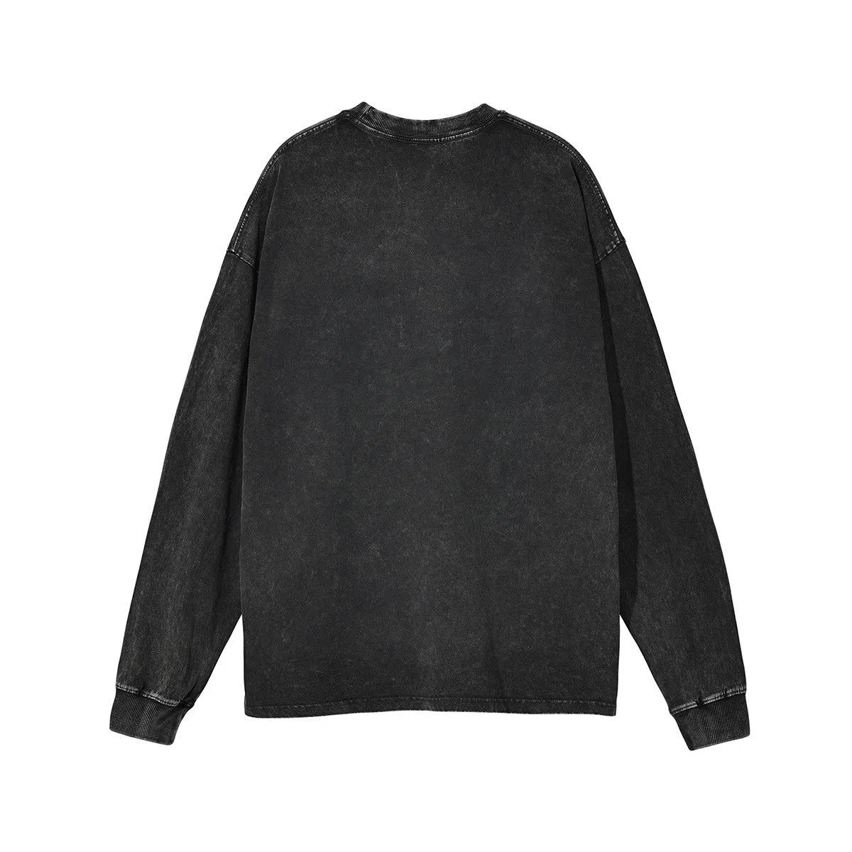 Black pure cotton long-sleeved T-shirt with distressed retro detailing, loose fit and 65cm mid-length.