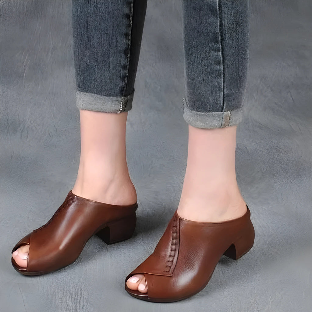Women's black square heel peep-toe sandals with open fish-mouth design and a rubber sole.