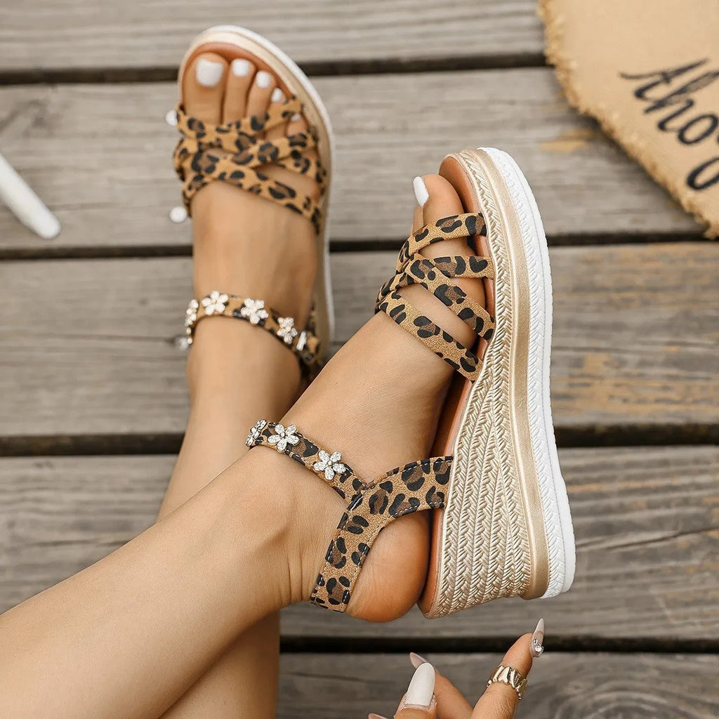 Light brown suede women's platform sandals with a buckle ankle strap and open toe.