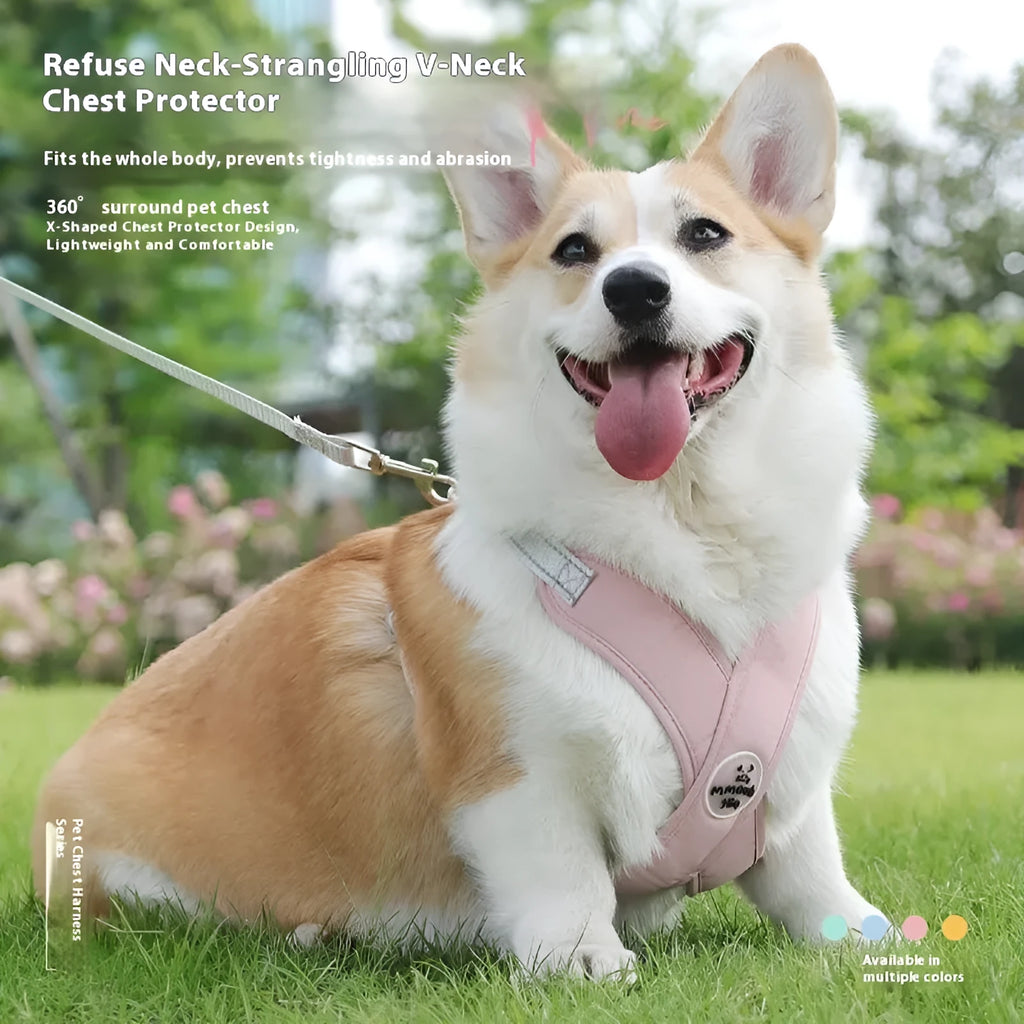 Blue polyester dog harness vest with an attached hand-holding rope lead.