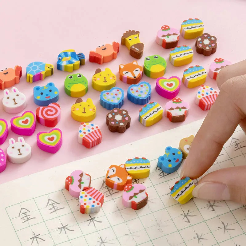50 small colourful cartoon-themed TPR rubber erasers in a pearlescent film bag