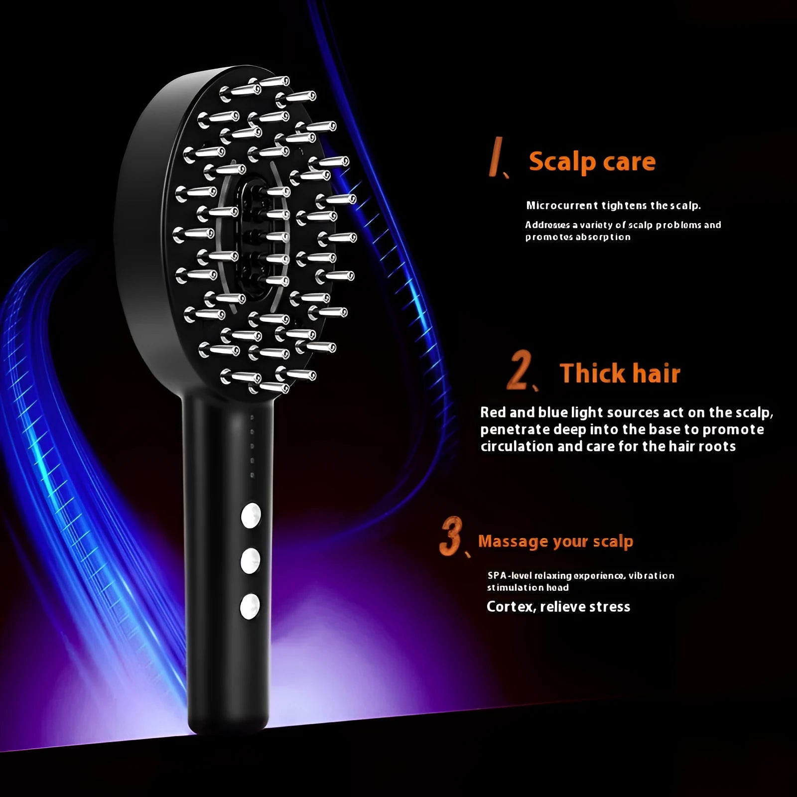 KD3802 Black handheld scalp massage device with charging cable on white background