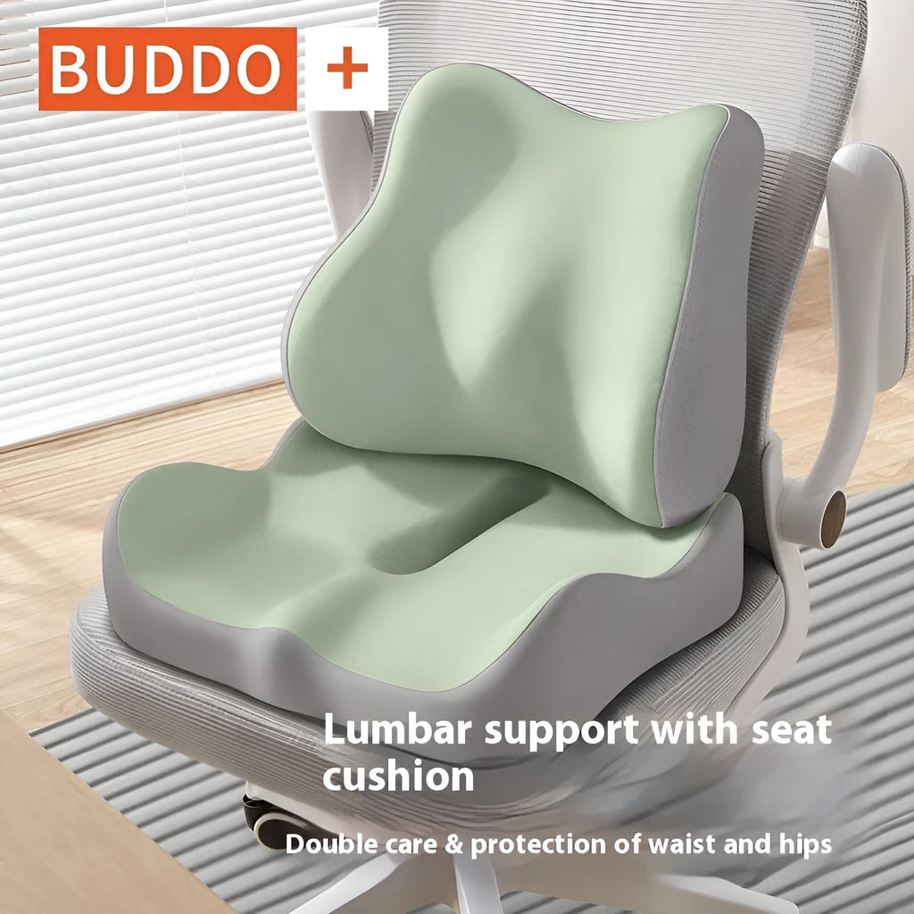 Memory foam seat cushion with waist support in various colour options including blue grey and double pink