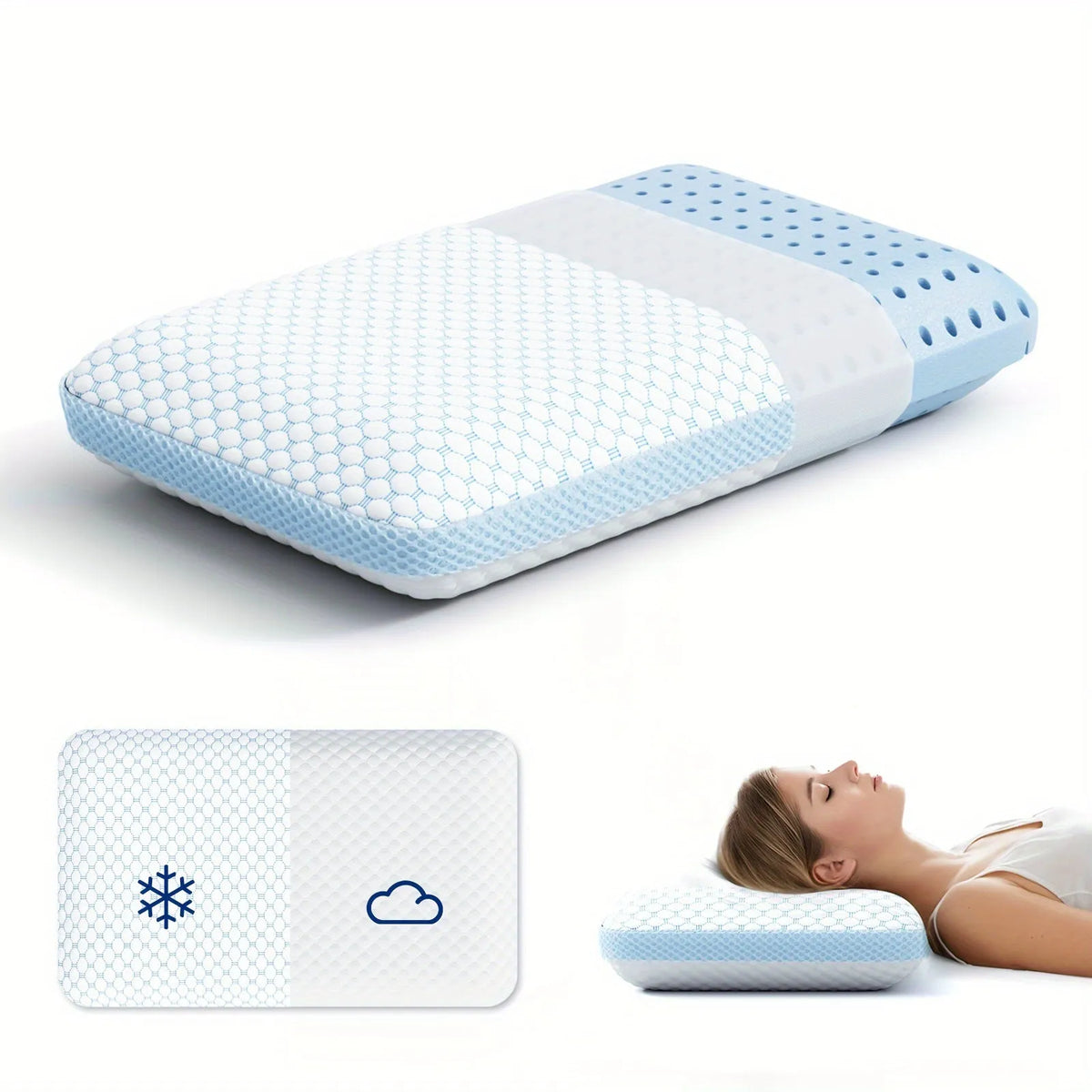 Cervical memory foam pillow 63x36x13.5cm with air layer cover in blue, white and blue, or white and grey