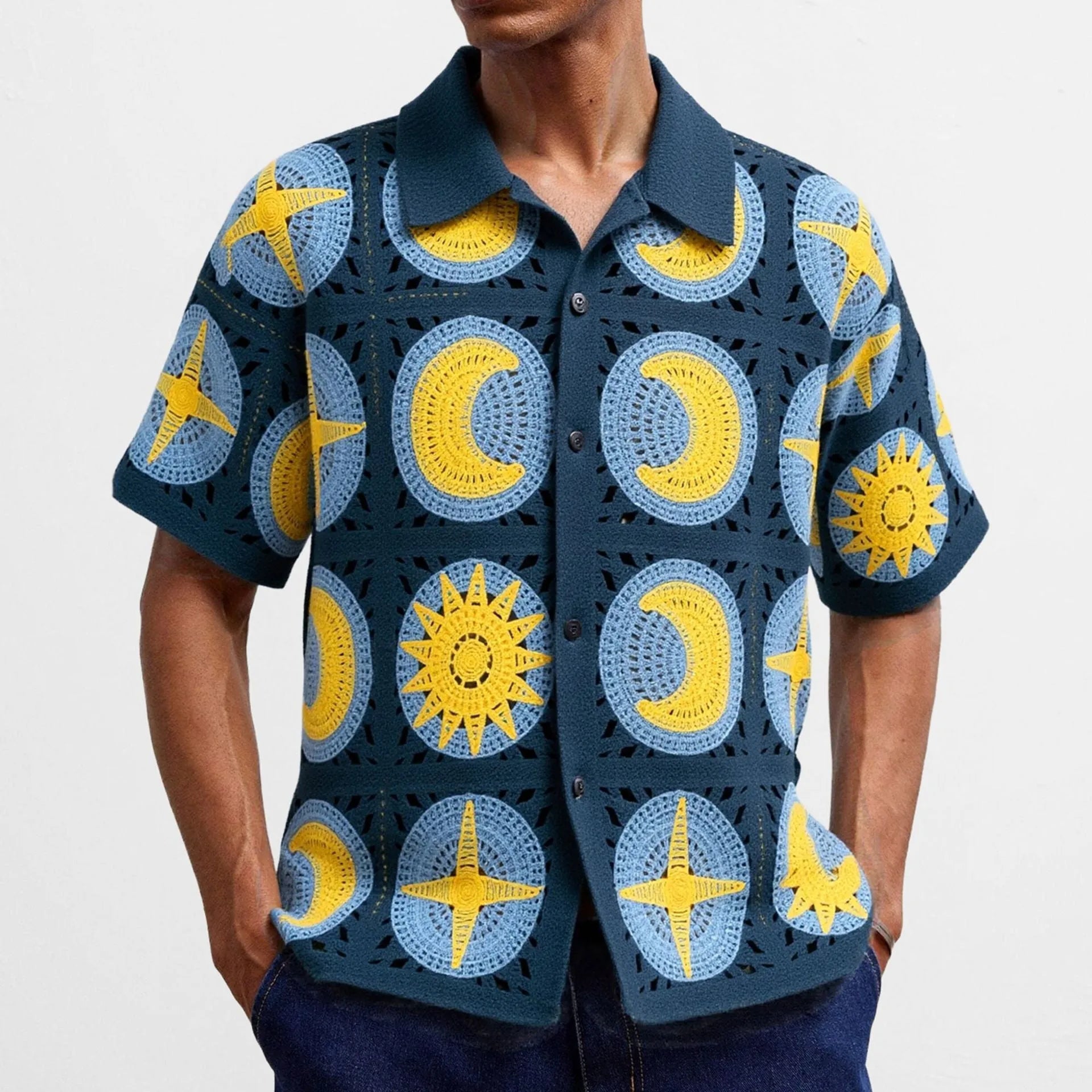 Men's navy blue summer cardigan with cartoon flocking pattern and short sleeves