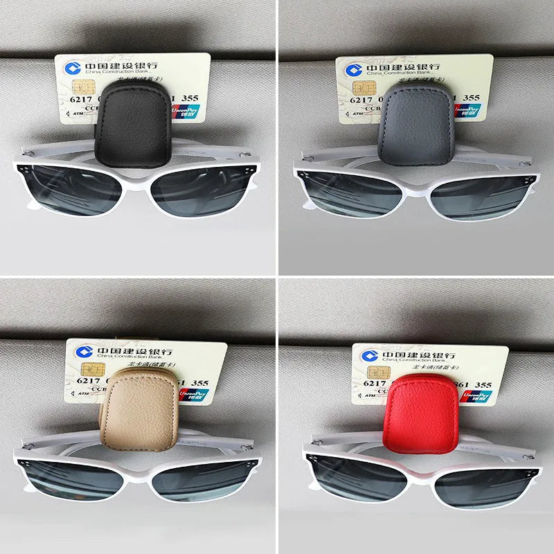 PU leather car sunglasses holder clip attached to a sun visor in beige colour