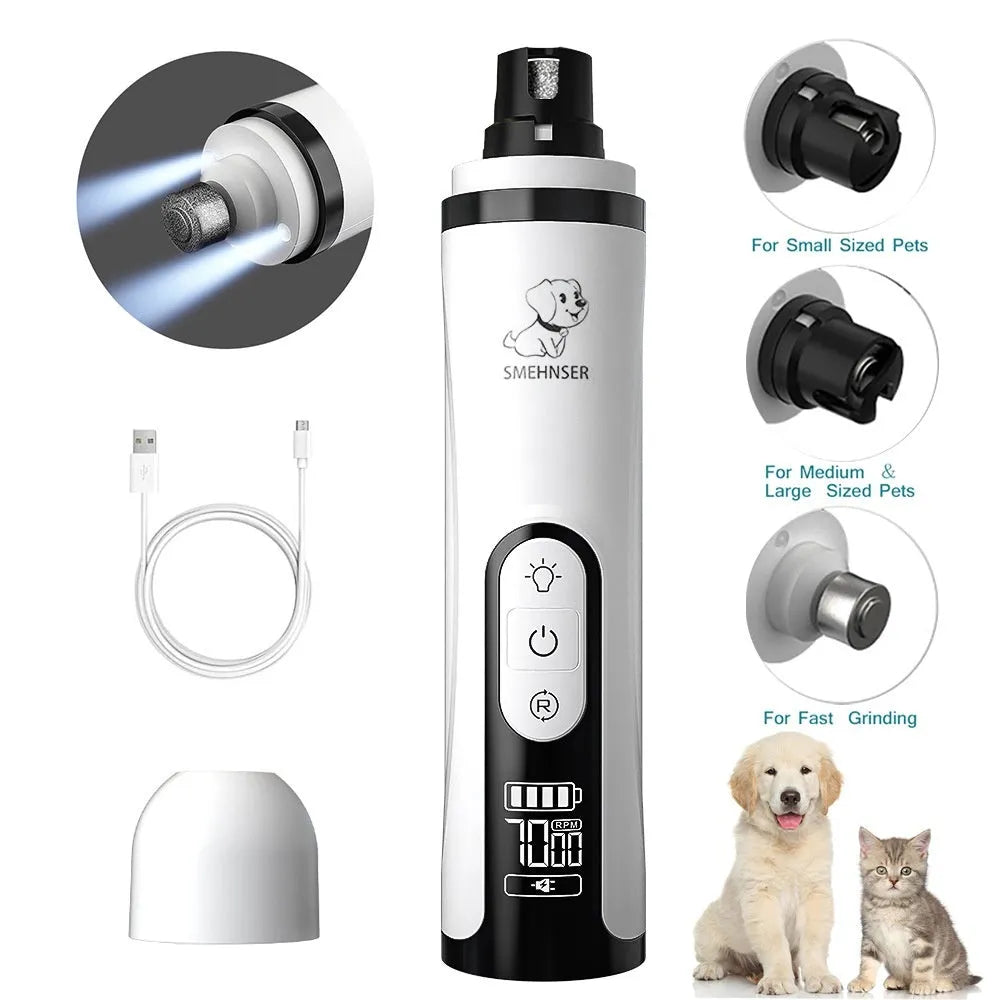 White electric dog nail grinder with LED light on handle and grinding head, showing dust collection port.