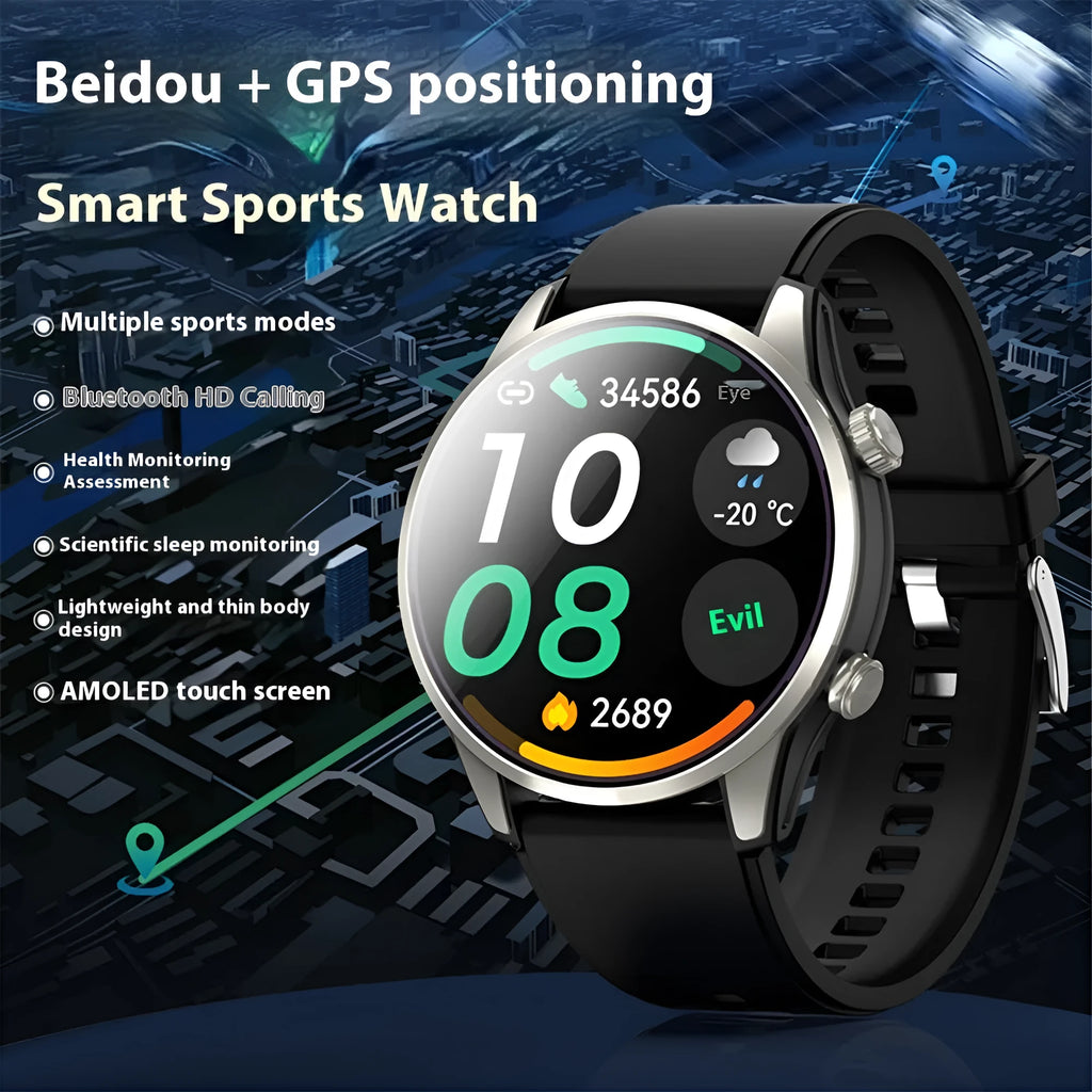 Intelligent outdoor sports watch with alloy case, black or steel colour, touch operation, heart rate monitoring and dual-frequency positioning.
