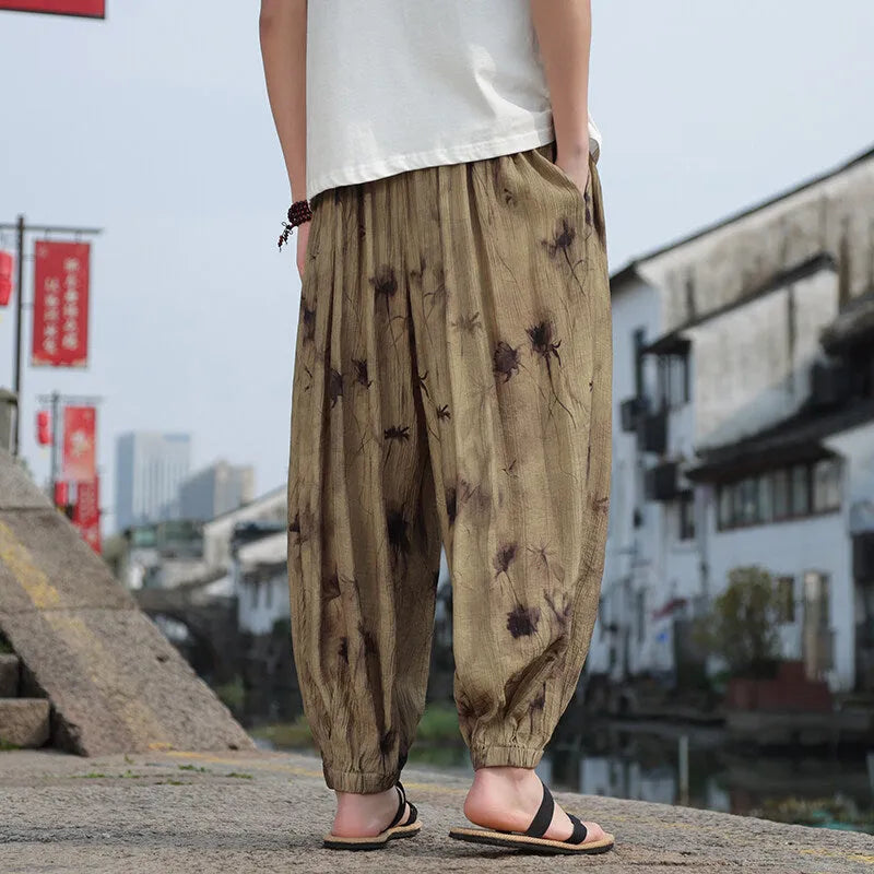 Summer men's thin breathable casual pants in khaki, polyester, micro elastic, leisure trousers