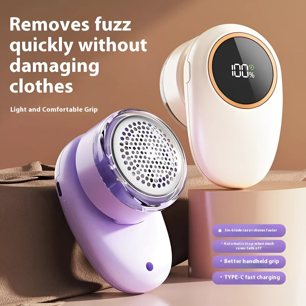 Beige and purple electric fur ball trimmer with digital display and multiple cutter head options.