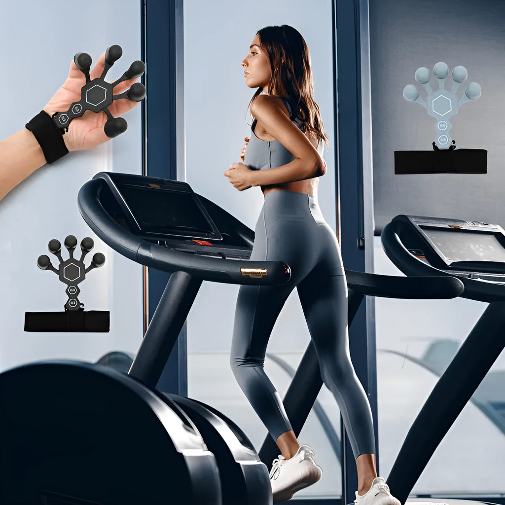 Grey and black silicone 5-finger rehabilitation hand trainer for adult grip strength exercises.