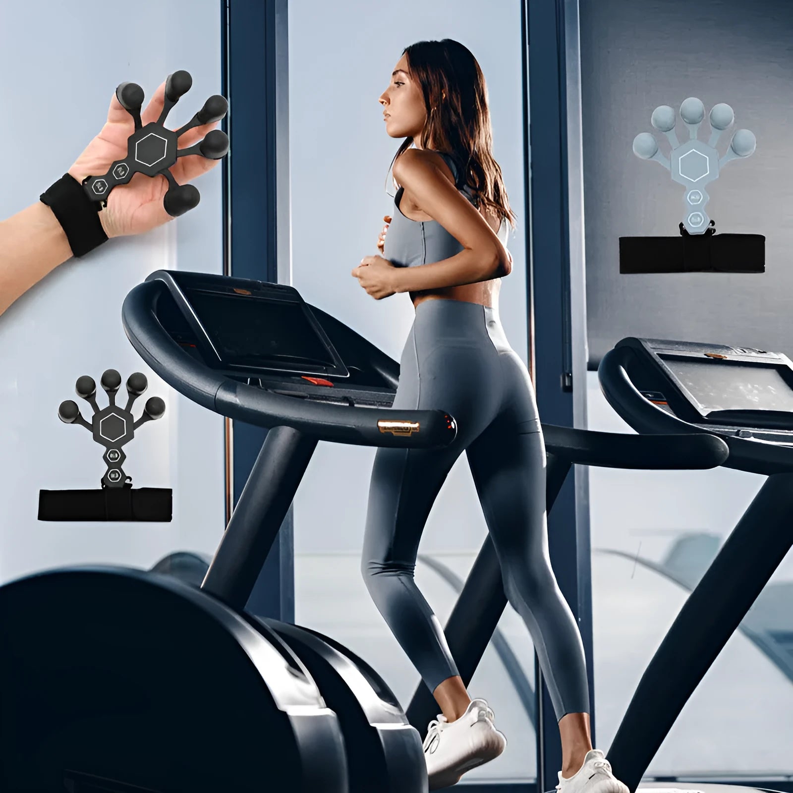 Grey and black silicone 5-finger rehabilitation hand trainer for adult grip strength exercises.
